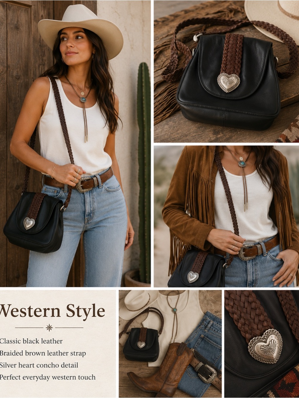 🖤Brighton Collection Black Leather Western Heart Concho Braided Shoulder bag 🔥